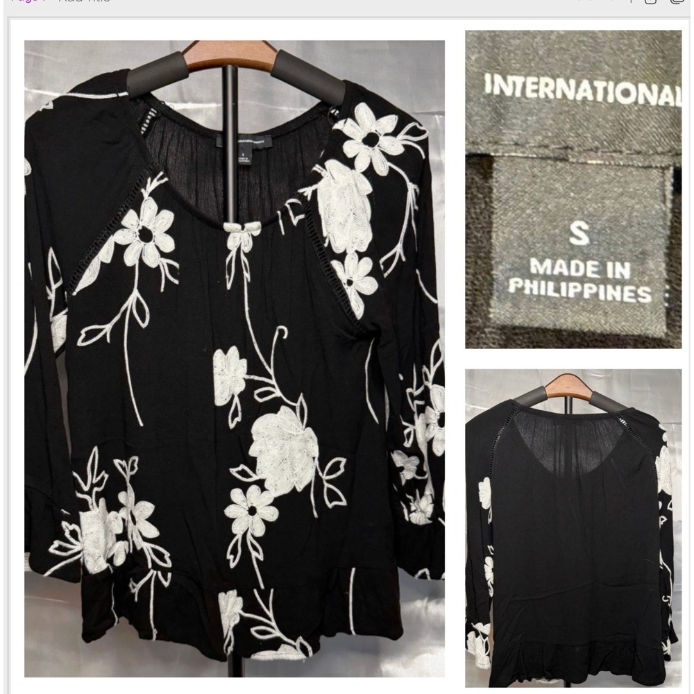 INC International Concepts Floral Embroidered Blouse Black White Boho Top S